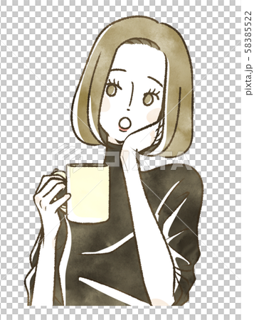 飲み物を手に頬杖をつく女性のイラスト素材