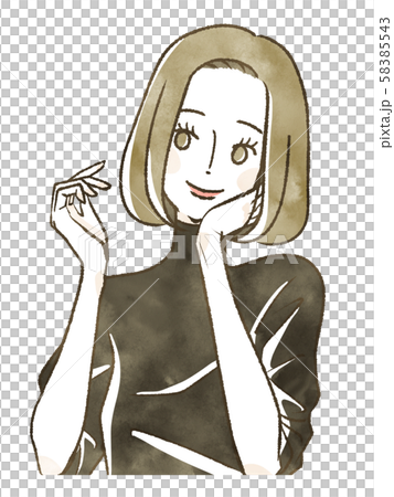 頬杖をつく女性-笑顔（物を持っている動作） 58385543