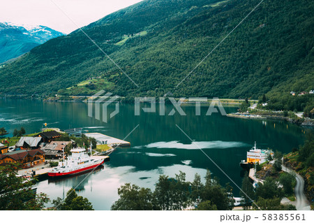 Flam, Norway. Touristic Ship Boat Moored Near Berth In Sognefjord Port. Aerial View In Summer 58385561