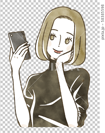 スマホを手に頬杖をつく女性-笑顔 58385598