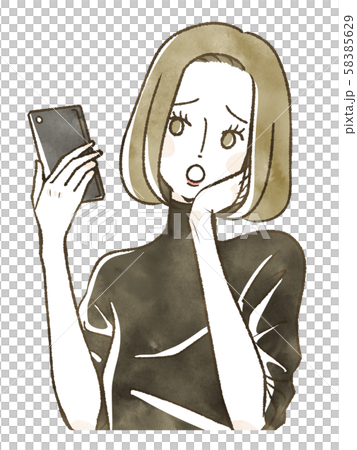 スマホを手に頬杖をつく女性 心配のイラスト素材