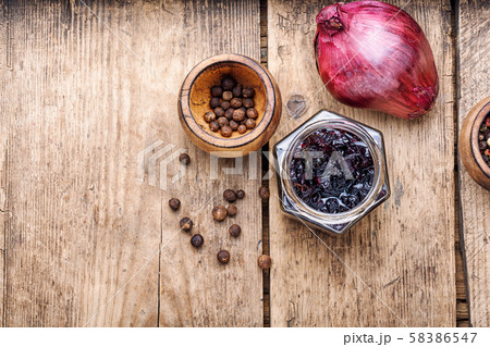 Onion jam in glass jar 58386547