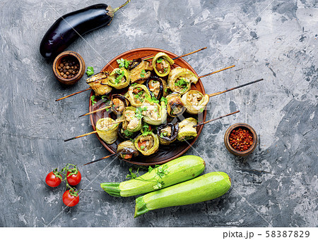 Eggplant with meat on skewers 58387829
