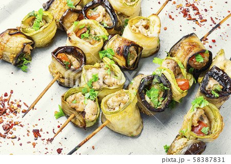 Eggplant with meat on skewers Eggplant with meat on skewers 58387831
