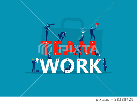 Team work word. Little people build word teamwork together. Creating a business project. 58388429