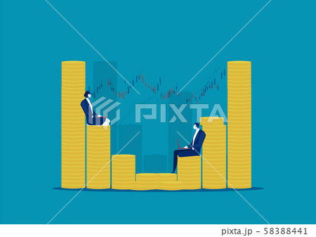 businesswoman working while sitting on different size of coins stack. and make money concept. 58388441