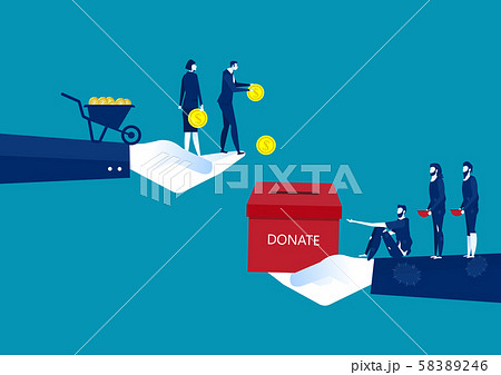 businessman donate with chest full of money giving one coin to humbled beggar or supplicant. businessman donate with chest full of money giving one coin to humbled beggar or supplicant. 58389246
