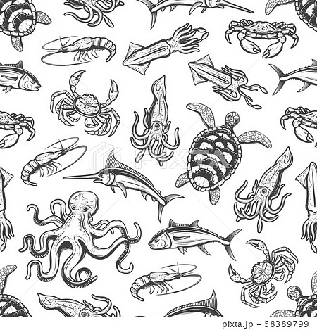 Underwater animals monochrome seamless pattern 58389799