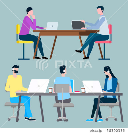 Teamwork in Office, Employee with Laptop Vector Teamwork in Office, Employee with Laptop Vector 58390336