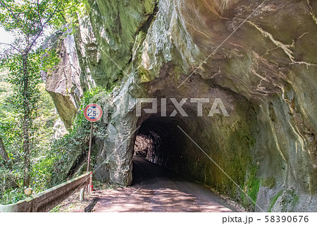 羽山渓の岩石をくり抜いたトンネルの入り口　県道300号 58390676