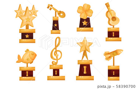 Different Kinds Of Golden Cups And Trophies Vector Illustrations Set 58390700