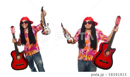 Male musician with guitars isolated on white 58391915