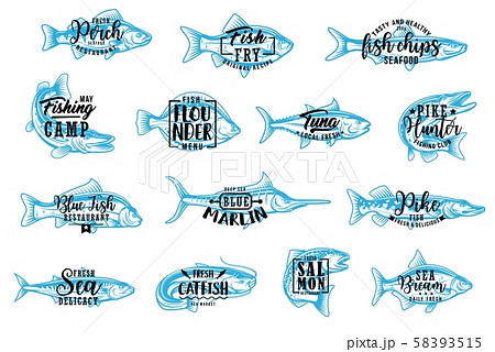 Seafood and fishing sport lettering icons Seafood and fishing sport lettering icons 58393515