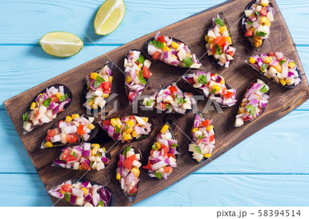 Traditional  Peruvian food background with mussels 58394514
