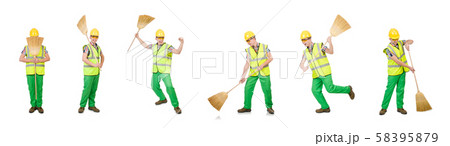 Funny janitor with broom isolated on white Funny janitor with broom isolated on white 58395879