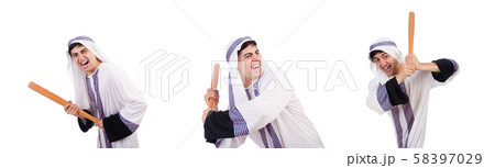 Aggressive arab man with baseball bat on white Aggressive arab man with baseball bat on white 58397029