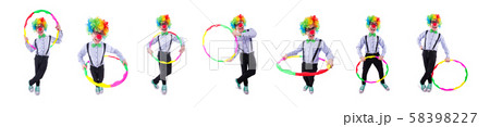 Funny clown with hula hoop on white 58398227