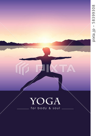 yoga for body and soul meditating person silhouette by the lake with mountain landscape yoga for body and soul meditating person silhouette by the lake with mountain landscape 58399308