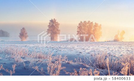 Winter landscape. Frosty winter nature in morning Winter landscape. Frosty winter nature in morning 58400633