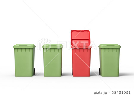 3d rendering of three green and one open red trash bins 3d rendering of three green and one open red trash bins 58401031