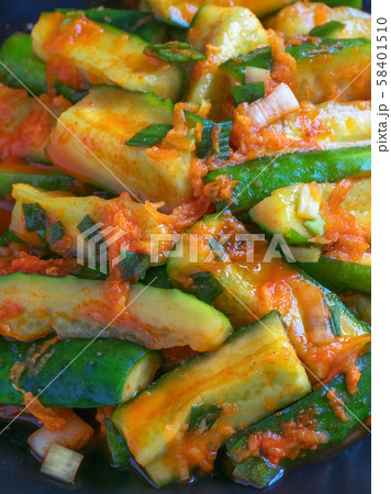 Traditional Korean cucumber kimchi snack. Close up Traditional Korean cucumber kimchi snack. Close up 58401510