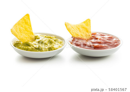 Corn nacho chips with avocado and tomato dip. 58401567