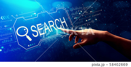 Searching theme with hand pressing a button 58402669