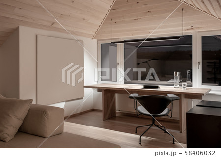 Light luminous interior with sloping wooden ceiling Light luminous interior with sloping wooden ceiling 58406032