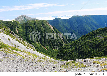 北アルプス　槍ヶ岳への道　槍沢登山道　常念岳遠景 58408231