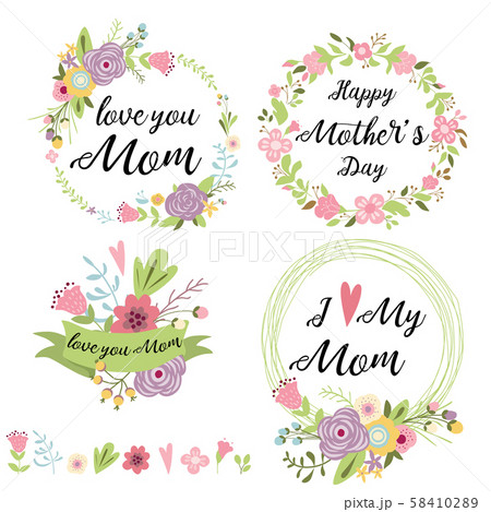 Set of cute greeting design elements for Mother s Day floral wreath flowers hearts banners 58410289