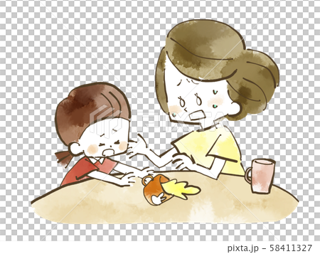 飲み物をこぼす子供と慌てる母親 水彩のイラスト素材 飲み物をこぼす子供と慌てる母親 水彩のイラスト素材