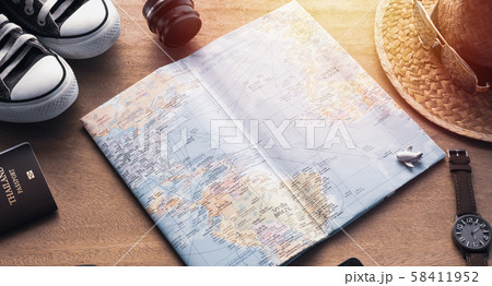 Map ans Accessories for tourism on wooden Map ans Accessories for tourism on wooden 58411952