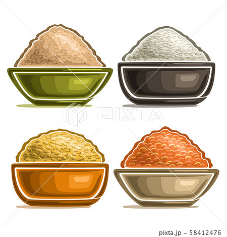 Vector set of different groats in bowls Vector set of different groats in bowls 58412476