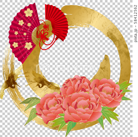 フレーム 枠 フレーム 和柄 和風 牡丹 花 円 輪 丸 筆 水彩 日本風 のイラスト素材