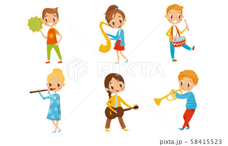 Kid Characters Playing Different Musical Instruments. Boy Playing Drums And Piano. Kid Characters Playing Different Musical Instruments. Boy Playing Drums And Piano. 58415523