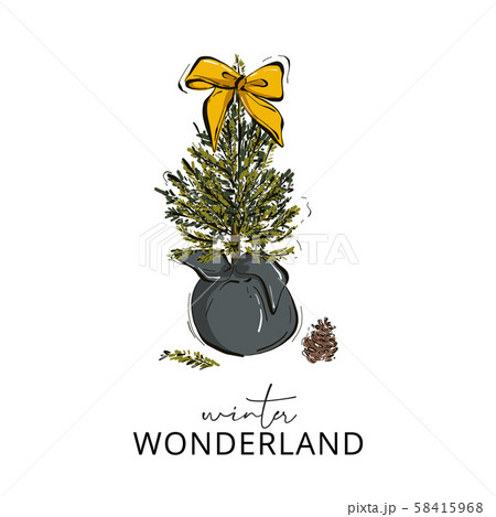 Christmas hand-drawn decoration tree branches with fir-cones, yellow bow and beads isolated on white 58415968