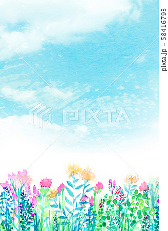 自然風景 花畑 空 水彩のイラスト素材