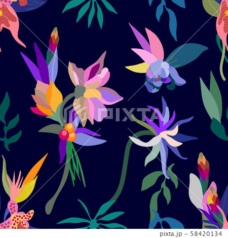 Seamless pattern with exotic flowers and leaves.  58420134