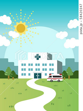 街中の病院 青空と芝生 ポスター背景のイラスト素材