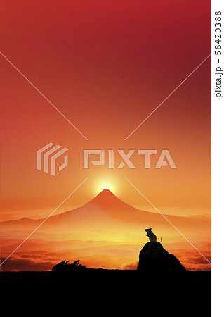 富士山の日の出とネズミのシルエットのイラスト素材 5843