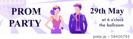 Prom party horizontal banner template with young and beautiful prom king and queen. Vector illustration for web and printing. 58420793