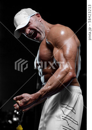 Handsome strong athletic men pumping up biceps Handsome strong athletic men pumping up biceps 58423213