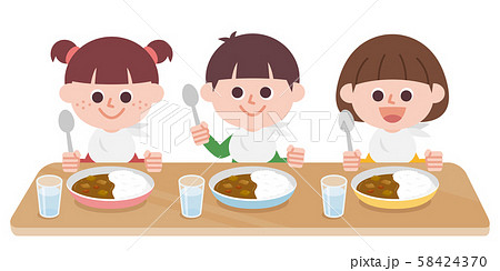 カレーライスを食べる子供たちのイラスト素材