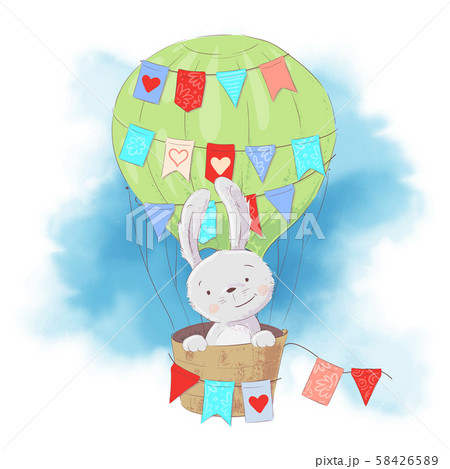 Cute cartoon rabbit in a balloon on a watercolor background. Vector illustration 58426589