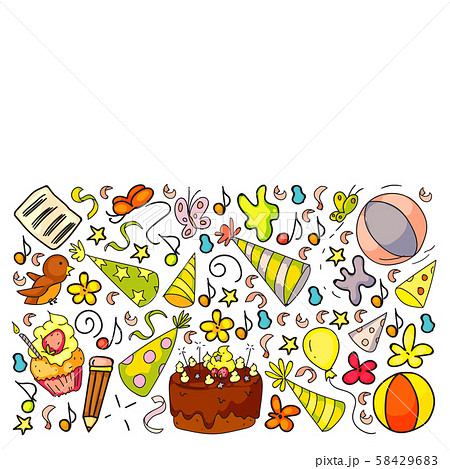 Vector set of cute creative illustration templates with birthday theme design. Hand Drawn for 58429683