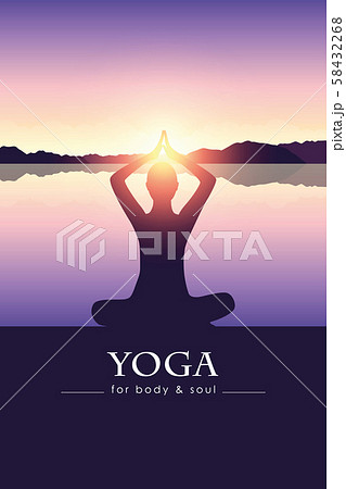 yoga for body and soul meditating person silhouette by the lake with mountain landscape yoga for body and soul meditating person silhouette by the lake with mountain landscape 58432268