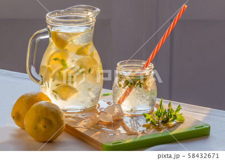 homemade lemonade with lemons, mint and ice on the homemade lemonade with lemons, mint and ice on the 58432671