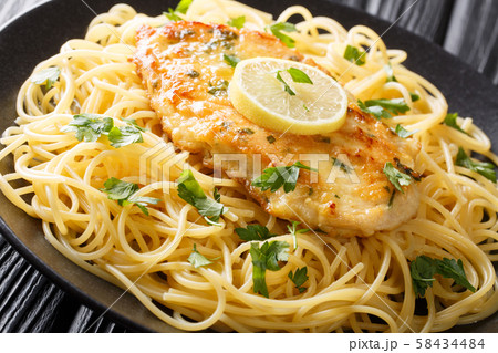 cooked chicken Francaise with spaghetti in lemon cooked chicken Francaise with spaghetti in lemon 58434484