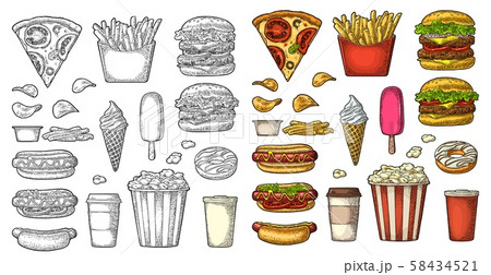 Set fast food. Coffee, hamburger, pizza, hotdog, 58434521