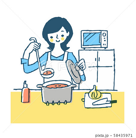キッチンで料理を作っている主婦のイラスト素材